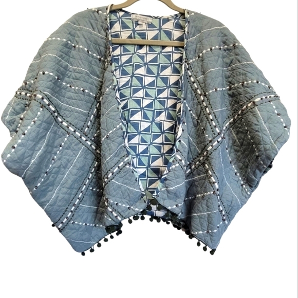 Oversized Baby Blue Brown Beaded Puffer Open Front Vest - Picture 1 of 9
